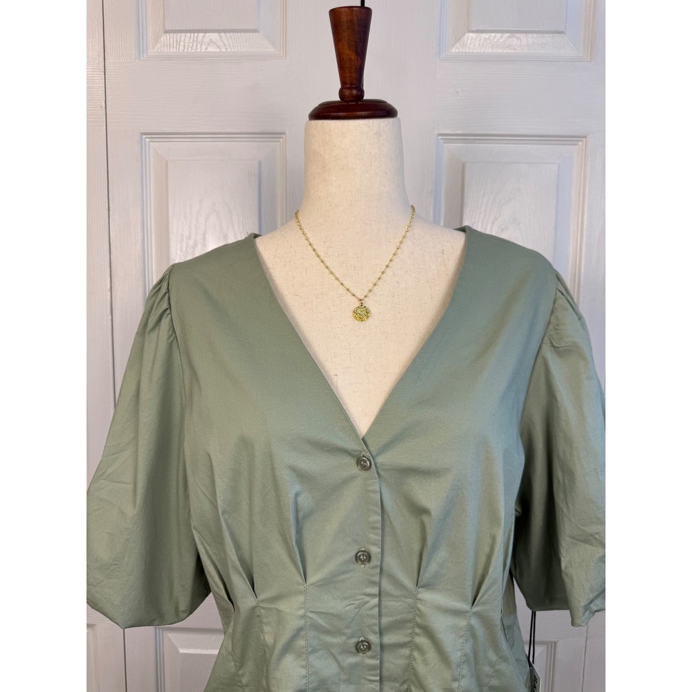 NEW Bailey 44 Sage Green Puff Sleeve Button Front A-Line Dress NWT Size L - Picture 3 of 9
